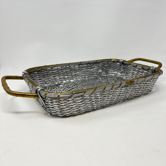 Vintage Mid Century Casserole Holder Woven Aluminum Brass Table Serving Basket - Picture 4 of 15